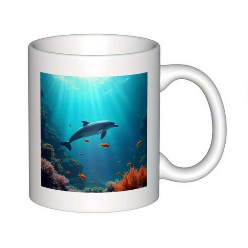 Tailorly White Ceramic 11 oz Mug - Serene Underwater Scene With Sunbeams Piercing Through Deep Blue Ocean Water Dolphin