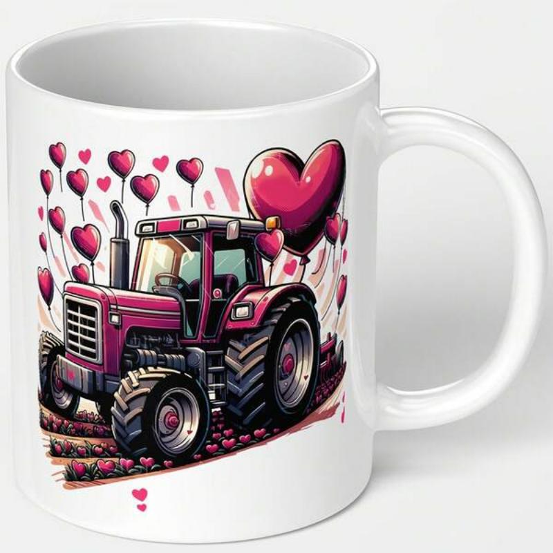 Tailorly White Ceramic 11 oz Mug - Pink Farm Vehicle Surrounded By Floating Heart Balloons In Romantic Style Tractor