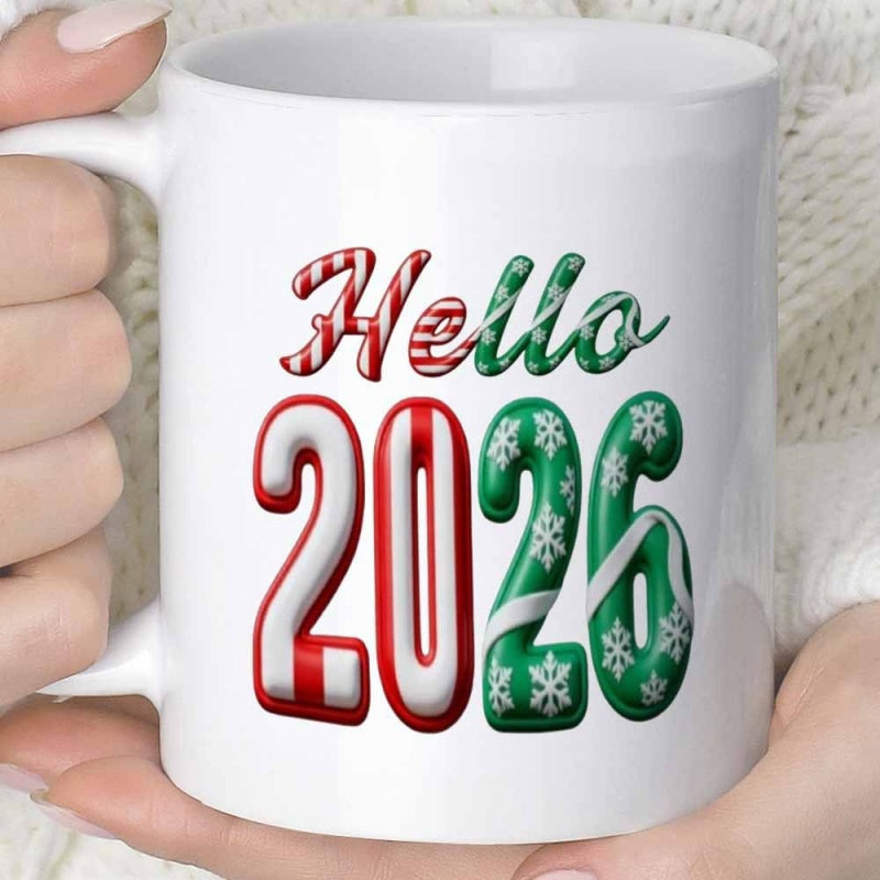 Tailorly White Ceramic 11 oz Mug - Hello 2026 Vibrant Festive Candy Cane Stripes Decorated With Snowflakes And Christmas Colors Numbers