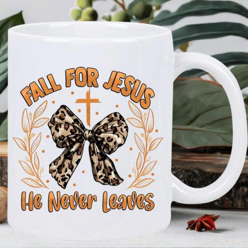 Tailorly White Ceramic 11 oz Mug - Fall For Jesus He Never Leaves Elegant Leopard Print Bow With Golden Wheat Branches And Small Christian Cross Bow
