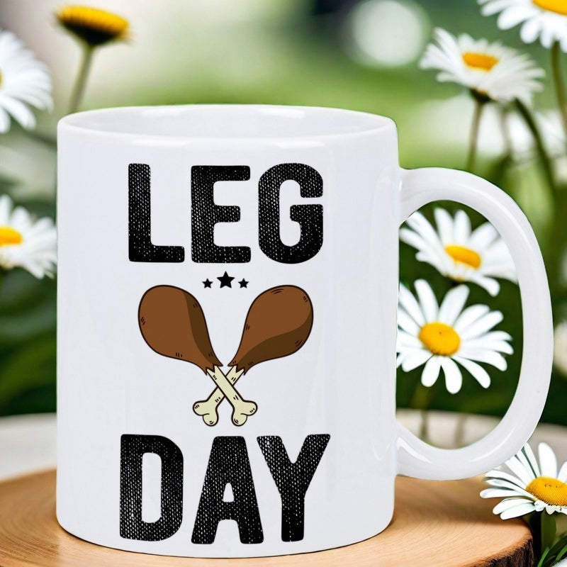 Tailorly White Ceramic 11 oz Mug - Leg Day Two Roasted Brown Chicken Drumsticks Crossed Among Three Small Stars Drumstick