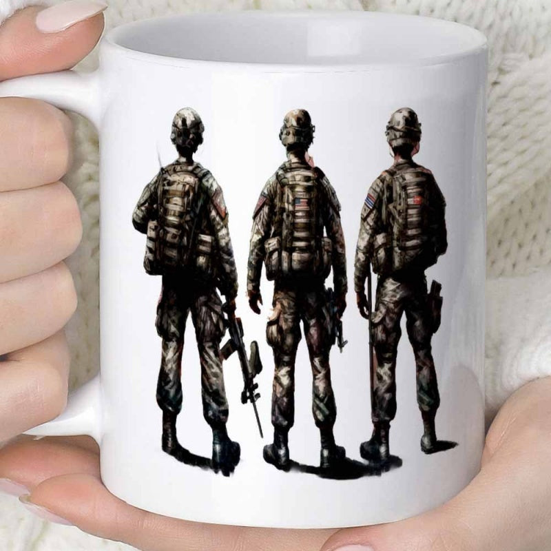 Tailorly White Ceramic 11 oz Mug - Brave Men Wearing Full Tactical Gear Standing With Rifles Soldiers