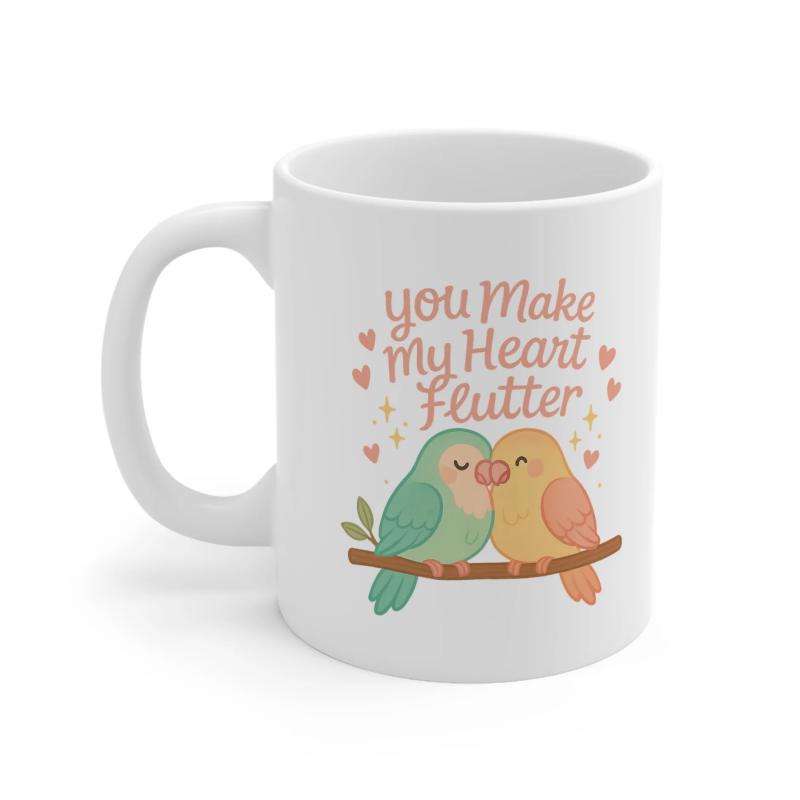Tailorly White Ceramic 11 oz Mug - You Make My Heart Flutter Adorable Lovebirds Resting On A Branch Under Floating Hearts Birds