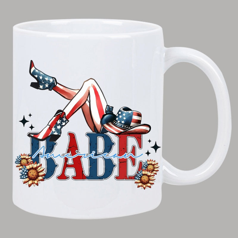 Tailorly White Ceramic 11 oz Mug - American Babe Patriotic Leggings And Cowboy Boots Among Bright Sunflowers Under A Hat