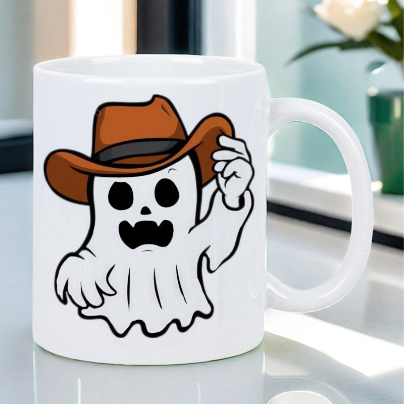 Tailorly White Ceramic 11 oz Mug - Playful Little White Specter Wearing A Classic Brown Western Cowboy Hat Ghost