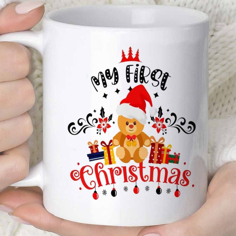 Tailorly White Ceramic 11 oz Mug - My First Christmas Adorable Teddy Wearing Red Santa Hat Among Colorful Wrapped Presents Bear