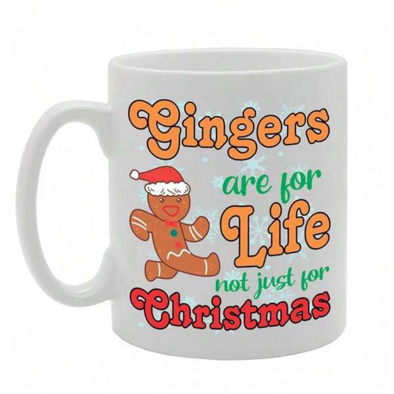 Tailorly White Ceramic 11 oz Mug - Gingers Are For Life Not Just For Christmas Cheerful Gingerbread Man Wearing Santa Hat Dancing Amidst Snowy Festive Atmosphere