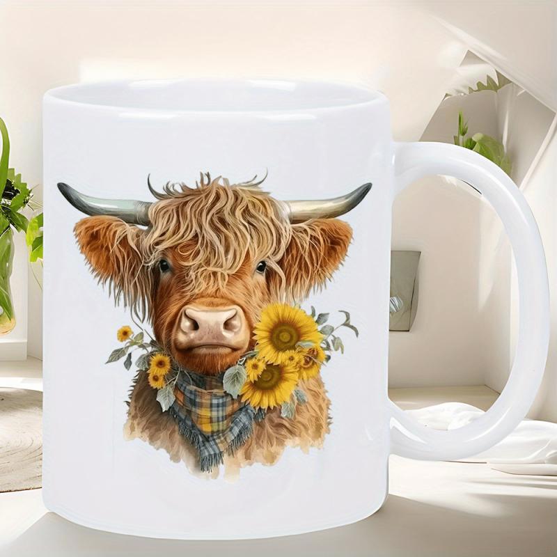 Tailorly White Ceramic 11 oz Mug - Rustic Shaggy Animal Wearing Plaid Bandana And Bright Yellow Sunflowers Highland Cow