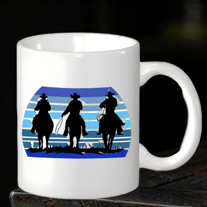 Tailorly White Ceramic 11 oz Mug - Three Silhouetted Figures Riding Together Under Blue Retro Stripes Cowboy