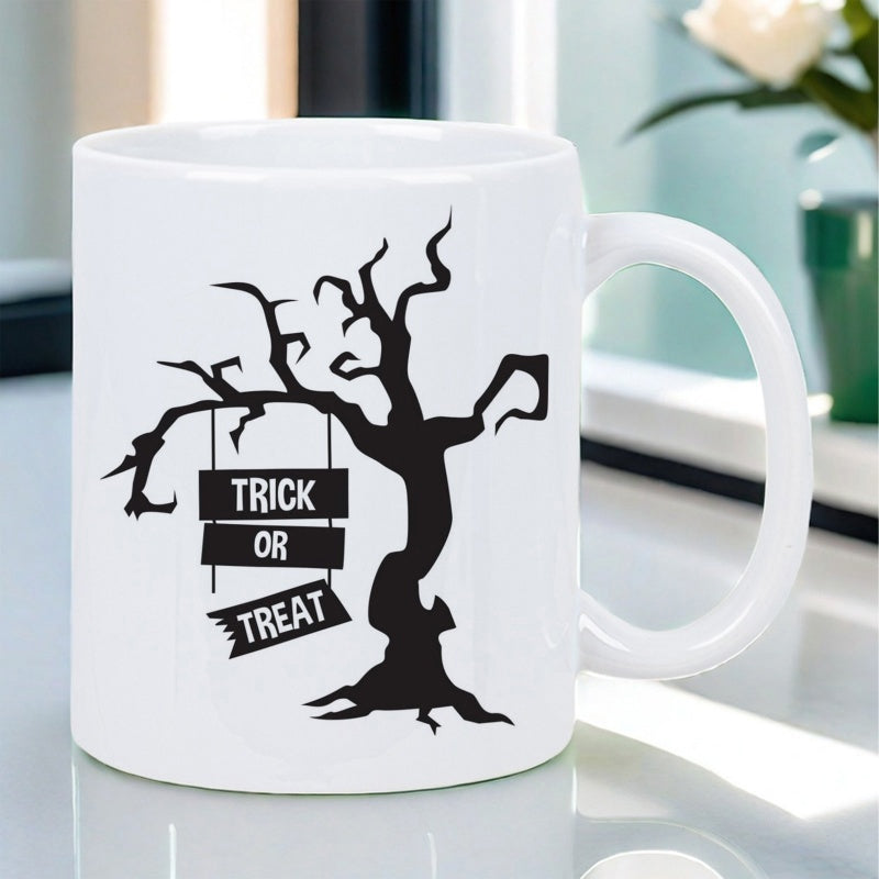 Tailorly White Ceramic 11 oz Mug - Trick Or Treat Spooky Halloween Silhouette With Gnarly Branches And Hanging Wooden Signs Tree