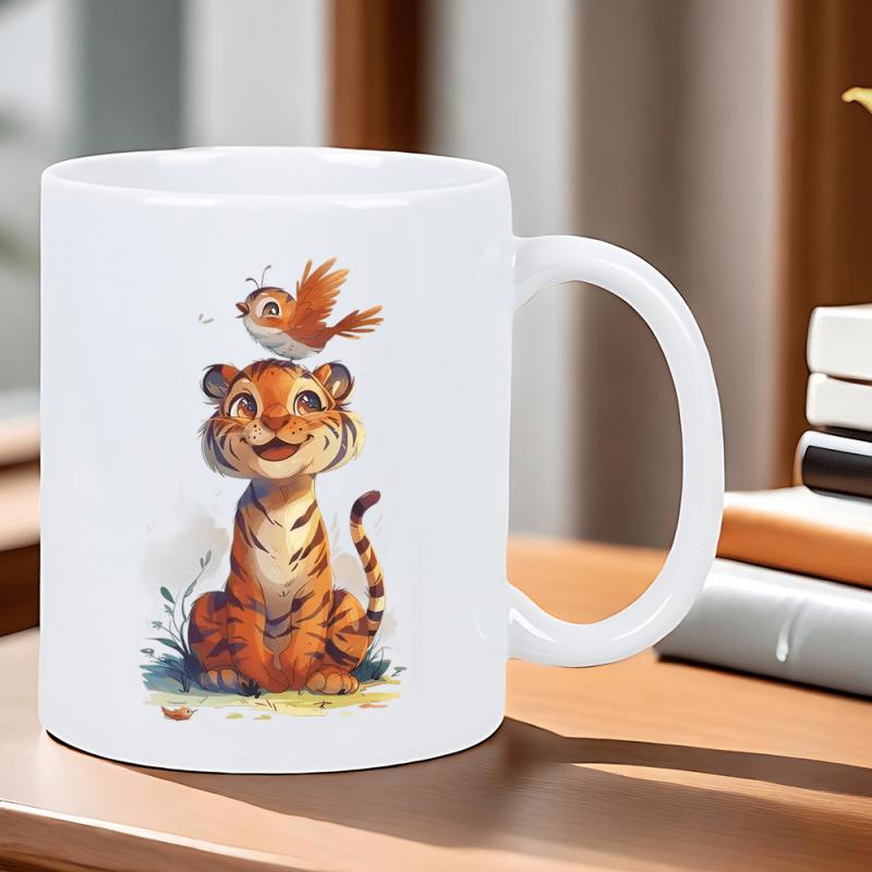 Tailorly White Ceramic 11 oz Mug - Adorable Little Orange Tiger Sitting Peacefully With A Tiny Bird Tiger