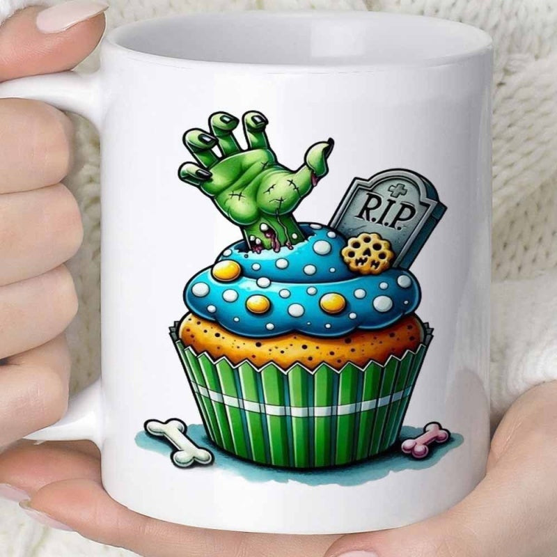 Tailorly White Ceramic 11 oz Mug - Rip Spooky Green Zombie Hand Emerging From Blue Frosting With Tombstone Cupcake