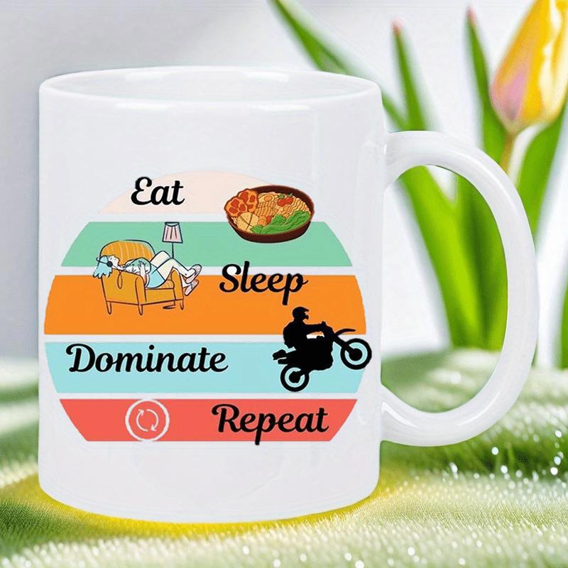 Tailorly White Ceramic 11 oz Mug - Eat Sleep Dominate Repeat Retro Sunset Circle With Food And Dirt Bike Rider Mug