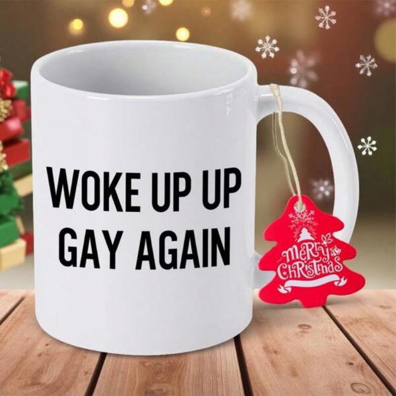 Tailorly White Ceramic 11 oz Mug - Woke Up Gay Again Minimalist White Ceramic Vessel Featuring Bold Black Sans Serif Typography Message Mug