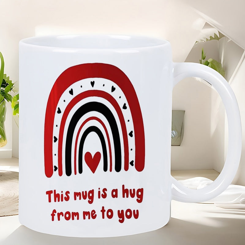 Tailorly White Ceramic 11 oz Mug - This Mug Is A Hug From Me To You Red And Black Bohemian Style Arches With Small Floating Hearts Rainbow