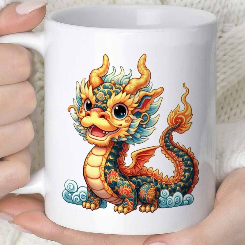 Tailorly White Ceramic 11 oz Mug - Vibrant Majestic Mythical Creature Sitting Among Swirling Blue Clouds And Ancient Scales Dragon