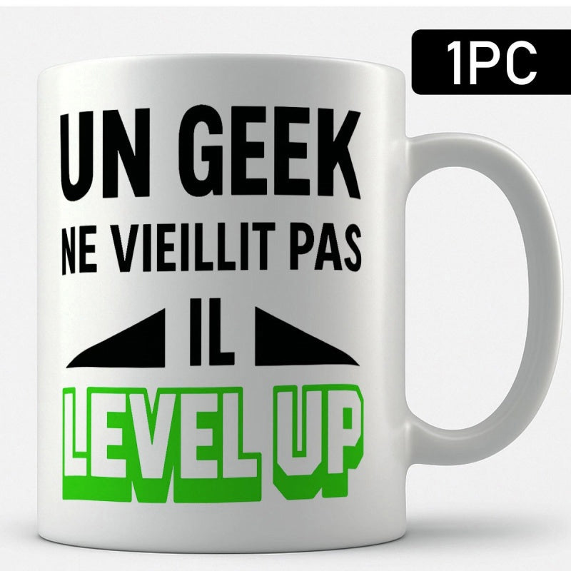 Tailorly White Ceramic 11 oz Mug - Level Up Bold Minimalist Black And Green Block Typography With Geometric Triangle Accents Mug