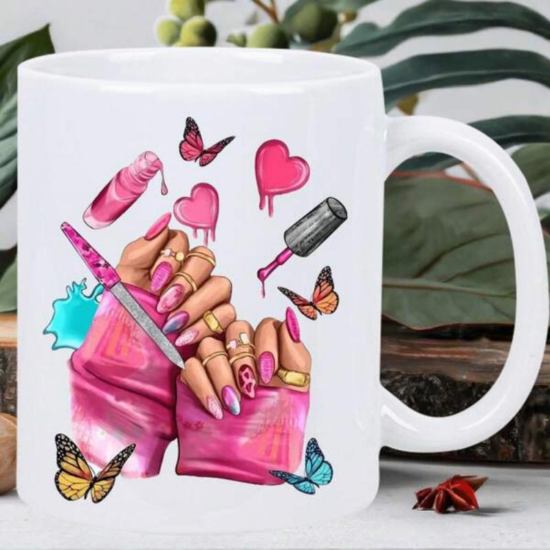 Tailorly White Ceramic 11 oz Mug - Stylish Manicured Hands Decorated With Butterflies And Vibrant Pink Polish Manicure