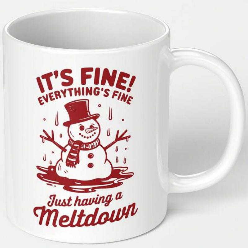 Tailorly White Ceramic 11 oz Mug - Its Fine Everythings Fine Just Having A Meltdown Melting Red Cartoon Figure Wearing Hat And Scarf Standing In Red Puddle Snowman