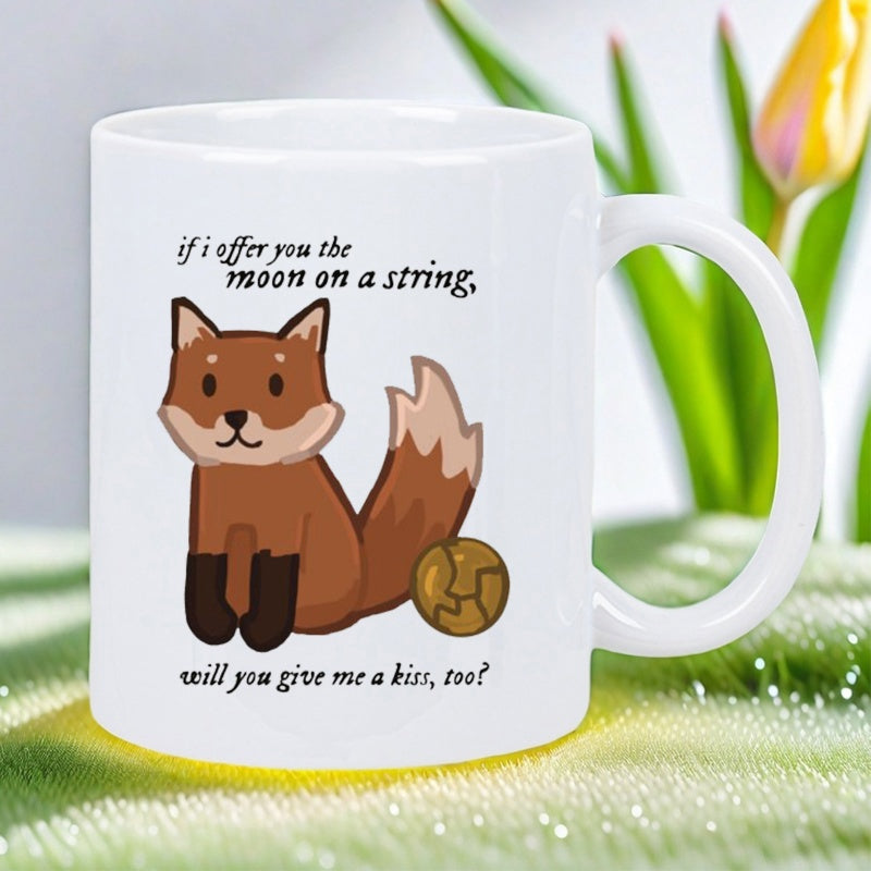 Tailorly White Ceramic 11 oz Mug - If I Offer You The Moon On A String Will You Give Me A Kiss Too Adorable Sitting Fox Beside A Glowing Sphere In A Minimalist