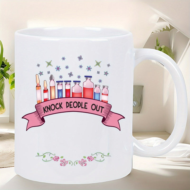 Tailorly White Ceramic 11 oz Mug - Knock People Out Colorful Medical Vials With Sparkling Stars And Decorative Pink Banner Vial