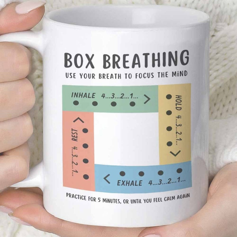 Tailorly White Ceramic 11 oz Mug - Box Breathing Use Your Breath To Focus The Mind Colorful Geometric Rectangles Forming A Square Layout For Meditation Diagram