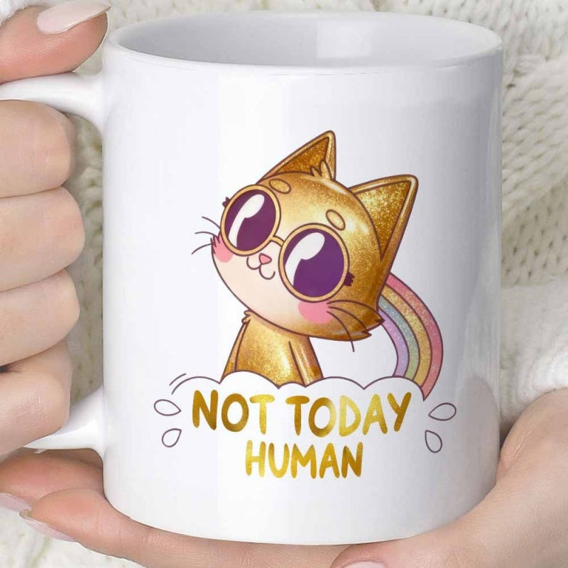 Tailorly White Ceramic 11 oz Mug - Not Today Human Adorable Golden Shimmering Kitten Wearing Stylish Sunglasses Under A Bright Arching Rainbow Cat