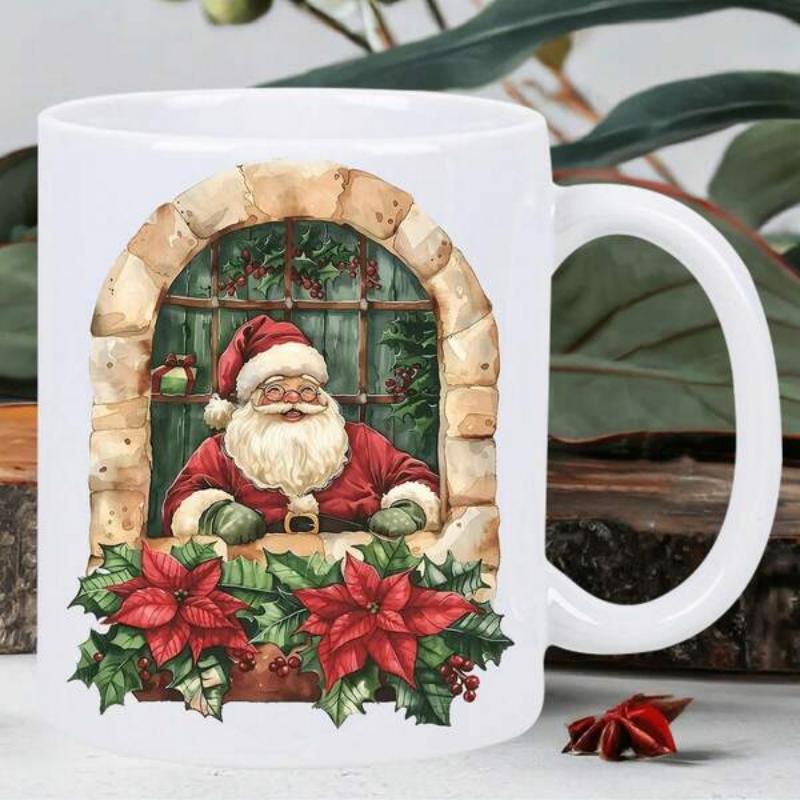 Tailorly White Ceramic 11 oz Mug - Traditional Festive Figure Peering From Rustic Stone Window With Red Flowers Santa