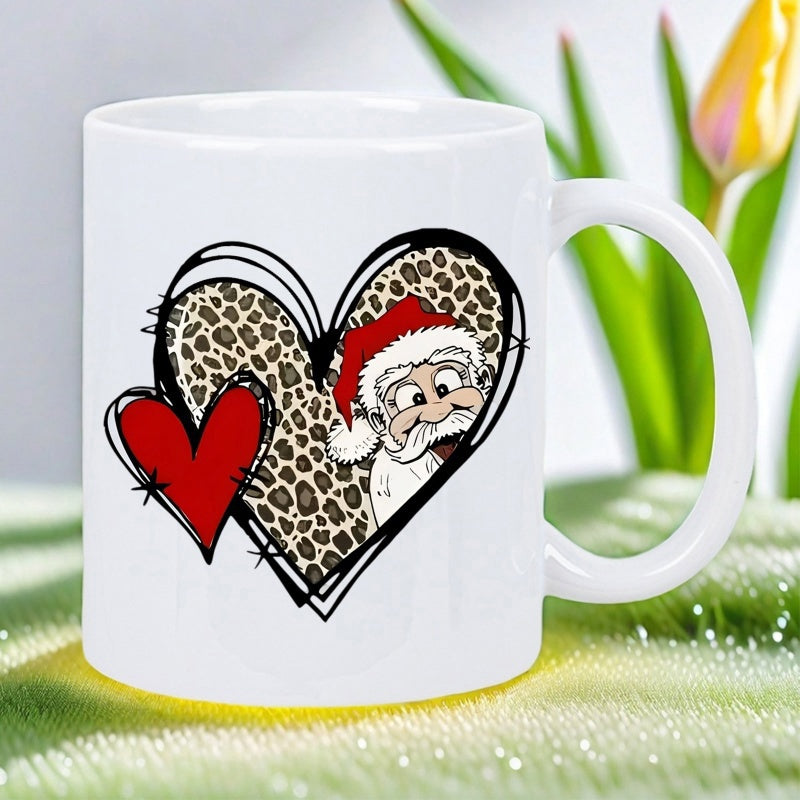 Tailorly White Ceramic 11 oz Mug - Festive Santa Claus Peeking Through Leopard Print And Red Heart