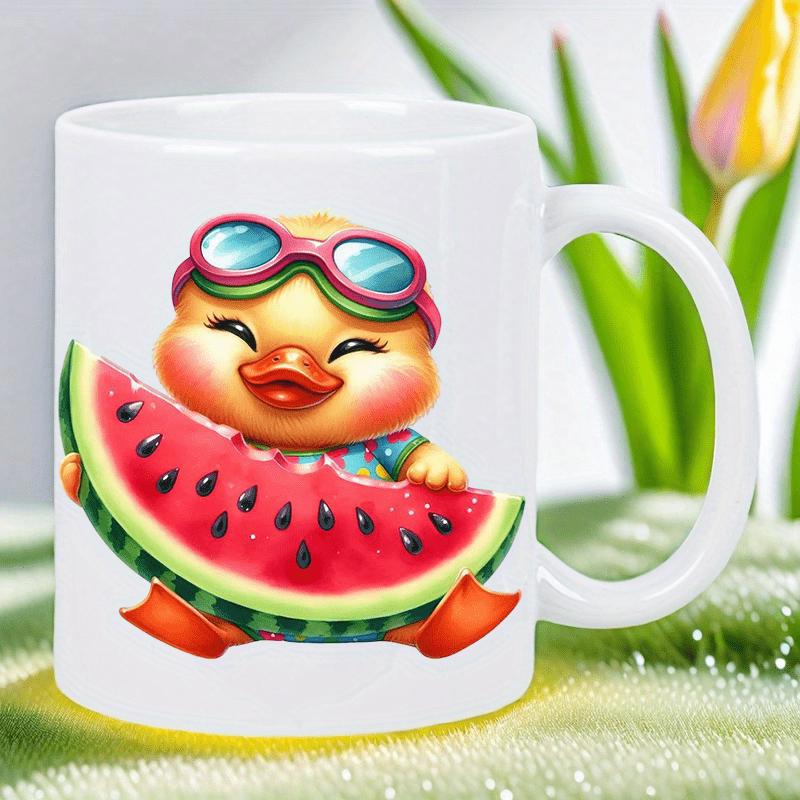Tailorly White Ceramic 11 oz Mug - Cute Yellow Duckling Wearing Colorful Goggles Eating A Large Juicy Watermelon Slice Duck