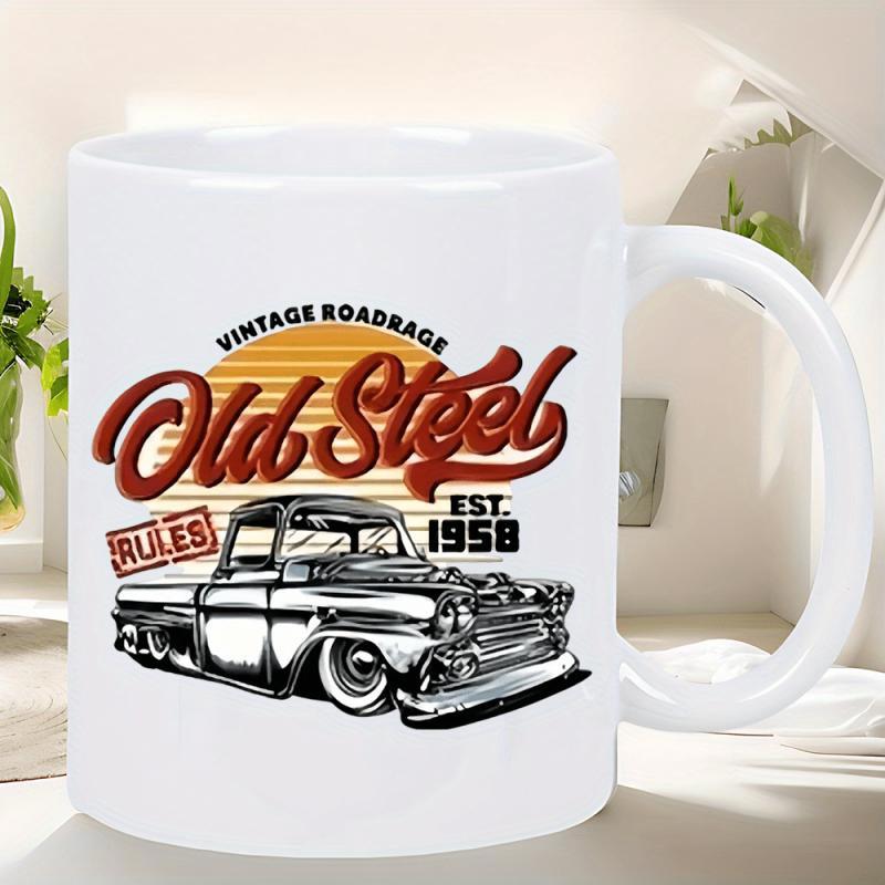Tailorly White Ceramic 11 oz Mug - Vintage Roadrage Old Steel Rules Est 1958 Vintage Classic Pickup Truck Parked Before A Stylized Retro Sunset Silhouette Truck