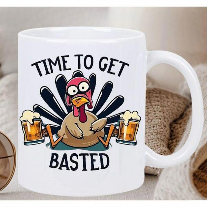 Tailorly White Ceramic 11 oz Mug - Time To Get Basted Funny Cartoon Style Holding Two Frothy Cold Beer Glasses Turkey