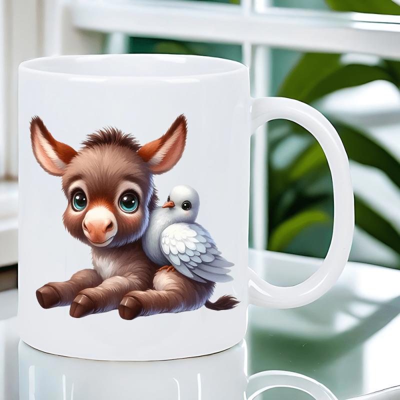 Tailorly White Ceramic 11 oz Mug - Cute Little Donkey With A Small White Bird Nestled Together Donkey