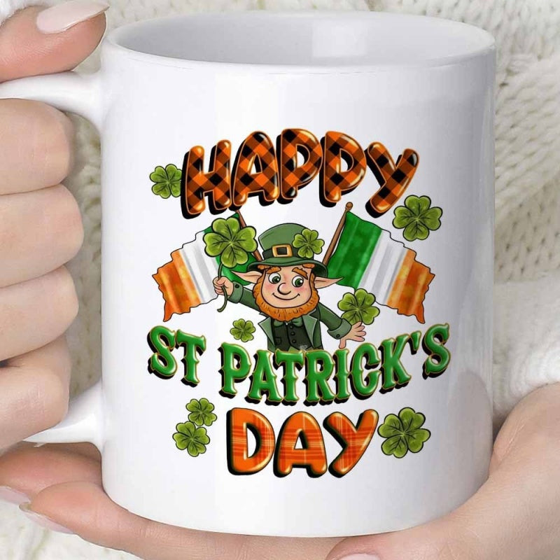 Tailorly White Ceramic 11 oz Mug - Happy St Patricks Day Festive Irish Figure Holding Flags Surrounded By Green Shamrocks Leprechaun