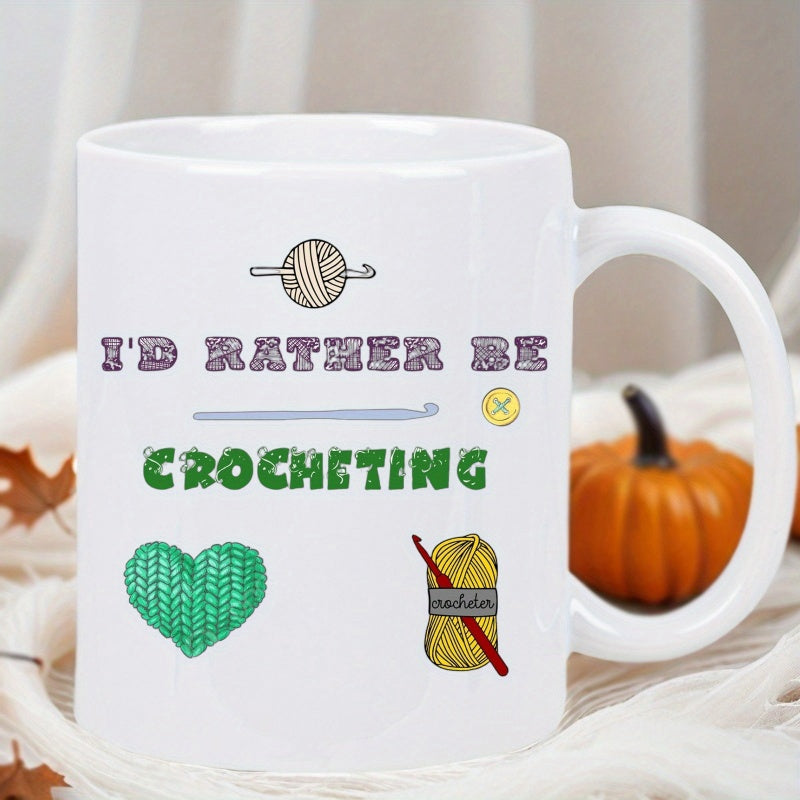 Tailorly White Ceramic 11 oz Mug - Id Rather Be Crocheting Soft Yarn Balls With Crocheted Heart And Hook Pattern