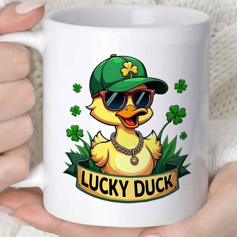 Tailorly White Ceramic 11 oz Mug - Lucky Duck Cheerful Character Wearing Sunglasses And Green Hat Among Clovers Duck