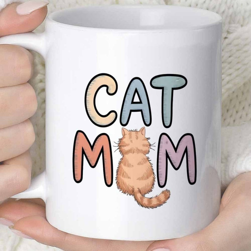 Tailorly White Ceramic 11 oz Mug - Cat Mom Sweet Colorful Letters Featuring A Fluffy Orange Tabby Sitting From Behind Cat