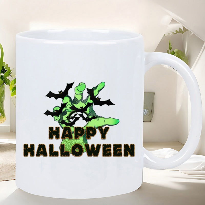 Tailorly White Ceramic 11 oz Mug - Happy Halloween Spooky Reaching Undead Green Limb With Flying Black Bat Silhouettes Hand
