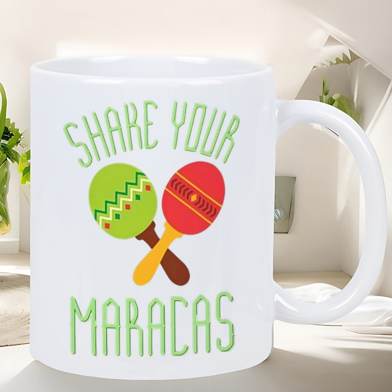 Tailorly White Ceramic 11 oz Mug - Share Your Maracas Colorful Musical Instruments Crossed Over Decorative Traditional Patterns Maracas