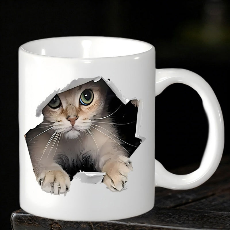 Tailorly White Ceramic 11 oz Mug - Adorable Peeking Feline With Expressive Eyes Bursting Through Torn Paper Effect Cat