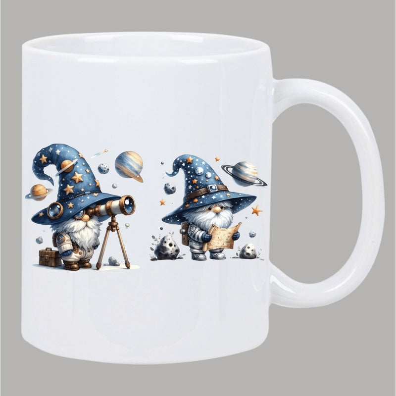 Tailorly White Ceramic 11 oz Mug - Whimsical Little Space Explorers Wearing Starry Wizard Hats Observing Distant Celestial Planets Gnome