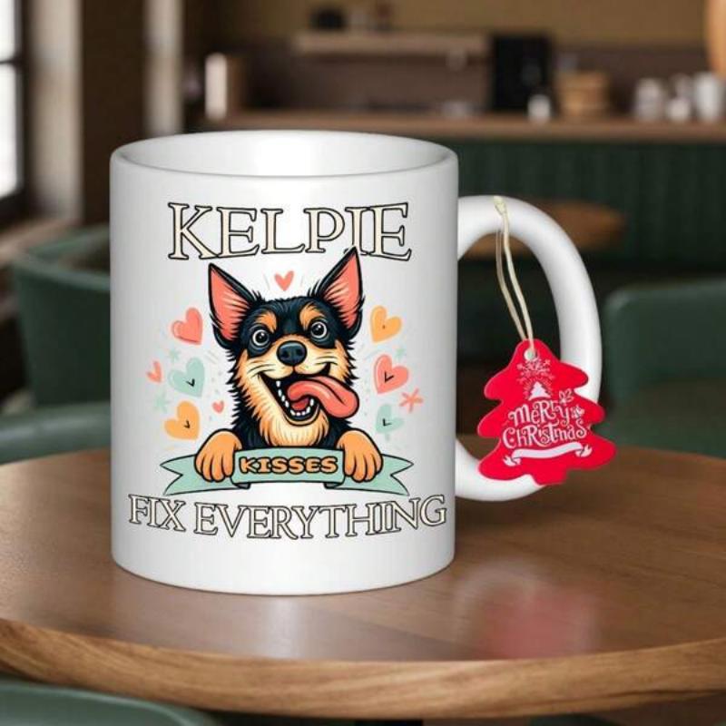 Tailorly White Ceramic 11 oz Mug - Kelpie Kisses Fix Everything Happy Cartoon Dog With Tongue Out Surrounded By Colorful Tiny Hearts Kelpie