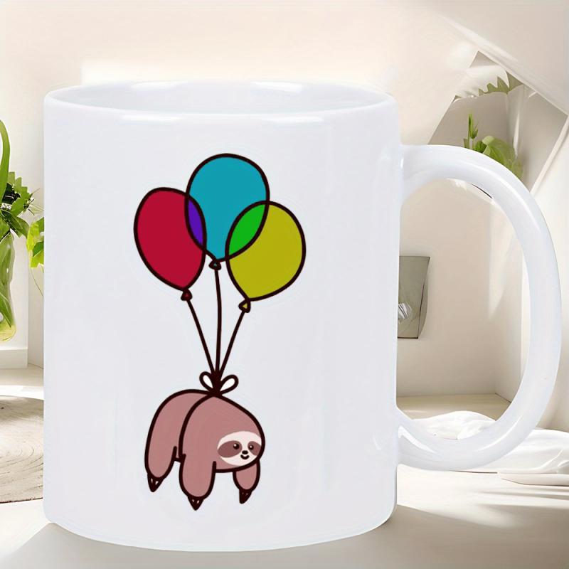 Tailorly White Ceramic 11 oz Mug - Serene Cartoon Animal Floating With Three Vibrant Primary Colored Balloons Sloth