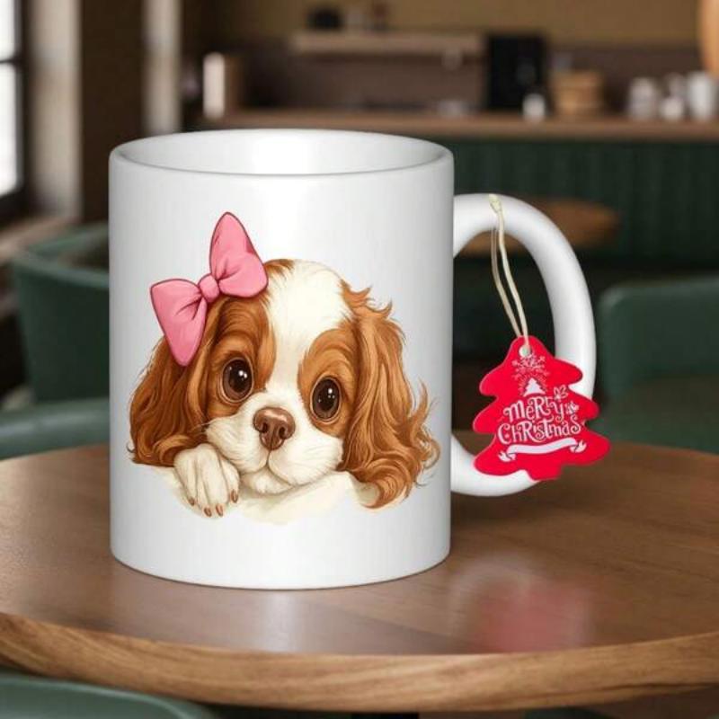 Tailorly White Ceramic 11 oz Mug - Adorable Brown And White Spaniel With Pink Bow Peeking Over Minimalist Edge Dog