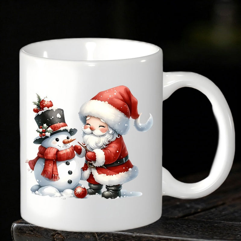 Tailorly White Ceramic 11 oz Mug - Joyful Festive Santa Claus Standing Beside A Small Friendly Snowman Santa