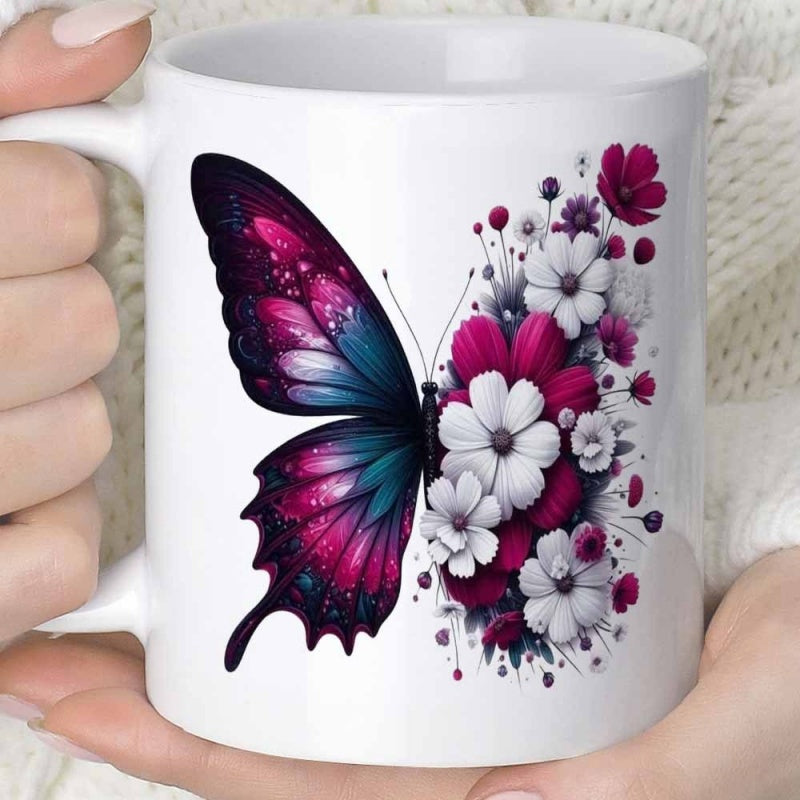 Tailorly White Ceramic 11 oz Mug - Vibrant Purple And Blue Floral Wings Blooming In Elegant Detail Butterfly