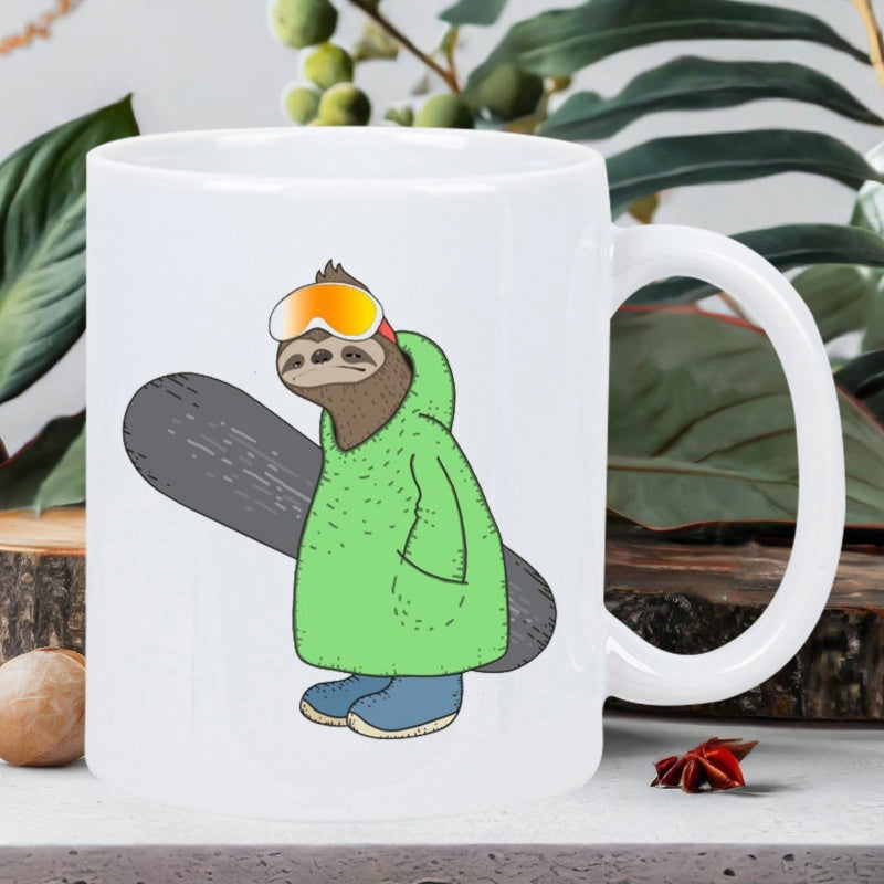 Tailorly White Ceramic 11 oz Mug - Cool Cartoon Animal Wearing Green Hoodie And Orange Goggles Holding Snowboard Sloth