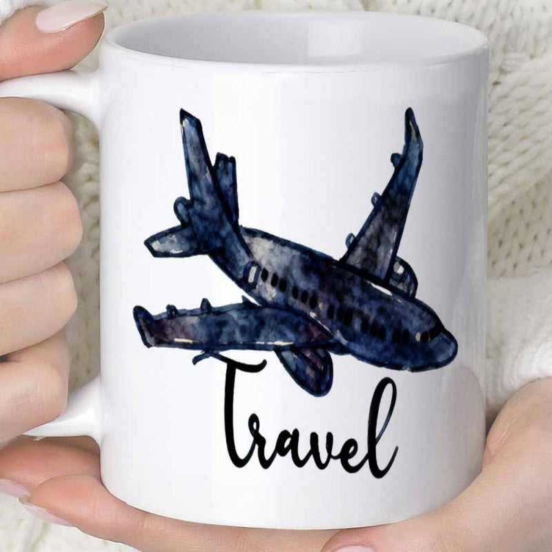Tailorly White Ceramic 11 oz Mug - Travel Elegant Dark Blue Watercolor Jet Flying Gracefully Through Pure White Sky Airplane