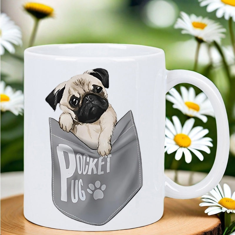 Tailorly White Ceramic 11 oz Mug - Pocket Pug Adorable Small Puppy Peeking From Inside A Grey Denim Pocket Pug