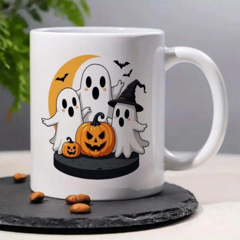 Tailorly White Ceramic 11 oz Mug - Cute Spooky Ghosts Gathering With Jack O Lanterns Under Golden Crescent Moon Ghost